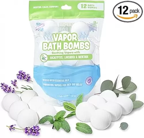 Tub Works® Vapor Bath Bombs for Toddlers & Kids, 12 Pack | Natural Essential Oils for Aromatherapy | Calming Eucalyptus Bath Bomb with Lavender & Menthol for Cold, Flu & Congestion Relief