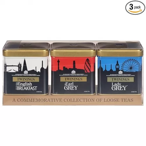 Twinings London Skyline Red, White, & Blue Commemorative Collection of Loose Leaf Teas, Limited Edition Gift Set, 100g Tins (Pack of 3), Original English Breakfast, The Earl Grey, & Lady Grey Tins