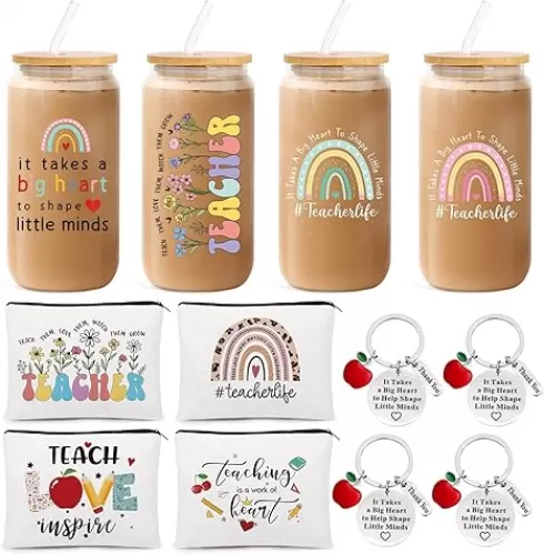 UAREHIBY 12 PCS Teacher Appreciation Gifts In Bulk, Thank You Teachers Gifts for Women with 16 OZ Glass, Teacher Christmas, Valentines Day Gift with Makeup Bag, Key chain, Teachers Gift from Students