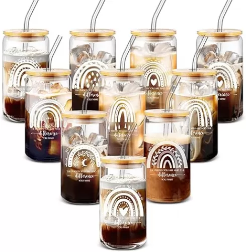 Uiifan 10 Pcs Employee Appreciation Gifts Thank You Glass Cups Inspirational Gifts Set for Team Teacher Nurse Volunteer 16 oz Can Shaped Beer Glass with Christmas Lids Straws Brushes Gift