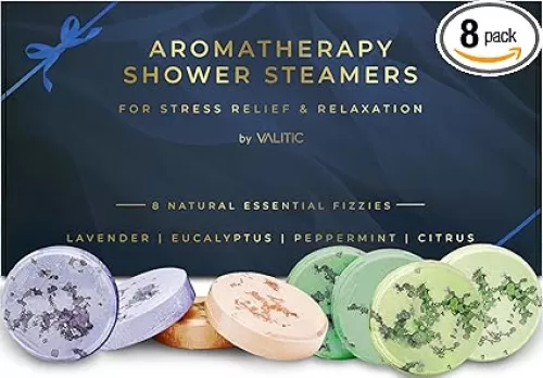 Valitic Aromatherapy Shower Steamers for Stress Relief and Relaxation - Gifts for Women Mom Birthday 8 Natural Essential Fizzies Shower Bombs - 4 Scents - Lavender, Eucalyptus, Citrus, and Peppermint