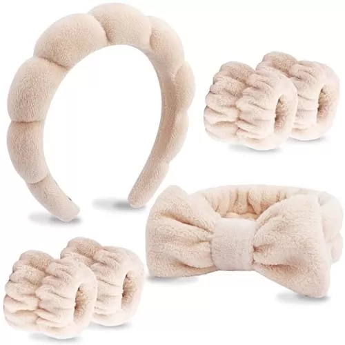 VELSCRUN 6 Pack Spa Headband, Makeup Headband, Face Wash Headbands, Skincare Headbands, Brown Sponge Hair Band Bow Tie Spa Head Band for Washing Face Wristband Set Hair Accessories for Women