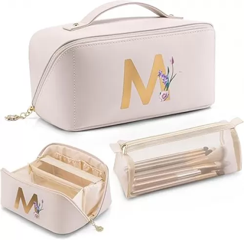 Vlando Mothers Day Gifts, Initial Makeup Bag, Travel Makeup Bag, Teacher Appreciation Gifts Birthday Gifts Bridesmaid Gifts Bride Wedding Gifts Graduation Gifts Valentine's Day Gift(Letter M)