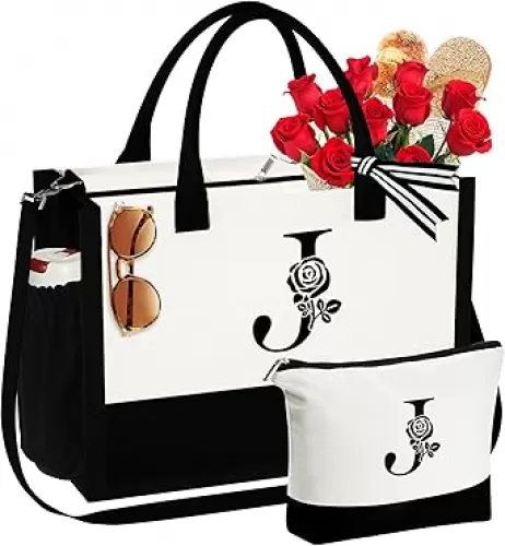 YOOLIFE Gifts for Women - Initial Canvas Tote Bag & Makeup Bag Birthday Gifts for Women Wife Mom Friend Teacher Sister