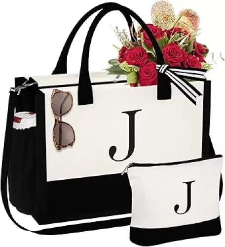YOOLIFE Gifts for Women - Initial Tote Bag & Makeup Bag, Birthday Gifts for Women Mom Wife Teacher Friend