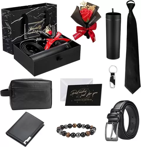 10 Pcs Men Birthdays Gift Set with Box for Men Dad Acrylic Tumbler with Lid Basket PU Leather Wallet Leather Toiletry Bag Tie Belt Keychain Bouquet Bracelet Greeting Card Set for Father
