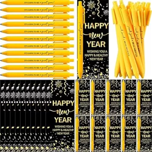 24 Sets Happy New Year Gifts Bulk Include Inspirational Plastic Ballpoint Pen Happy New Year Bookmark Greeting Card with Tie for Team Employee Coworker 2025 Lunar New Year Eve Party Favor
