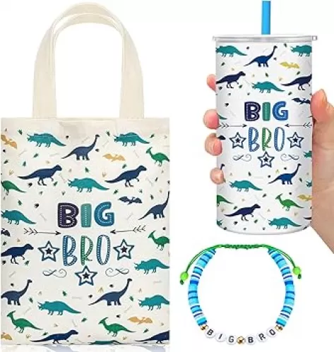 3 Pcs Big Brother Gift for Boy 12 oz Big Brother Cup Blue Stainless Steel Mug Vacuum Insulated Tumbler with Leakproof Lid and Straw Canvas Tote Bag and Bracelet for Little Boys