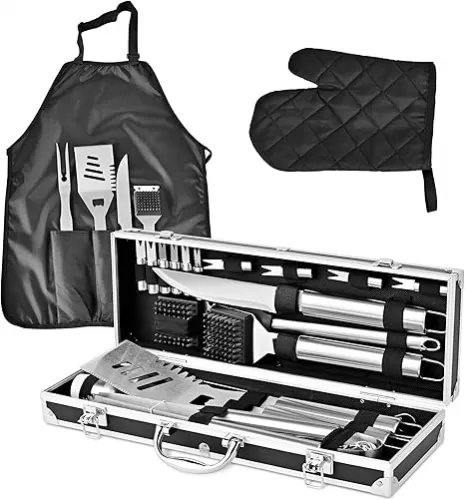 BBQ Grilling Accessories Set, 30Pcs Heavy Duty Grill Tools for Outdoor Camping, Stainless Steel Barbecue Utensils Kit with Aluminum Case and Apron，Grilling Gifts for Men Dad