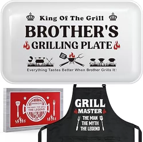 Brother Gifts for Birthday Christmas Valentines Day Fathers Day, Funny BBQ Grilling Platter with Apron Set Gifts for Little Big Adult Brother in Law from Sister
