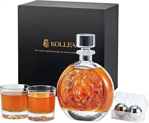 Engraved Lion Whiskey Decanter Set Gift for Men, Including 2 Lion-Engraved Shot Glasses & 2 Whiskey Ice Balls, Unique Christmas Birthday Gifts for Men Dad Husband, Cool Whiskey Set for Husband Brother