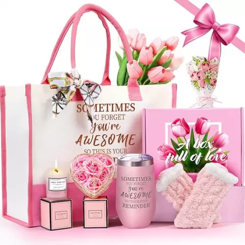 Gifts Baskets for Women, Birthday Baskets for Mom, Sister, Her, Employee, Wife, Thanksgiving Day, Christmas Gifts for Women, Care Package, Gift Sets with Canvas Tote Bag Sock Tumbler Soap Flower