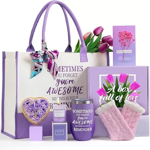 Gifts Baskets for Women, Birthday Baskets Mom, Sister, Her, Employee, Wife, Thanksgiving Day, Christmas Gifts for Women, Care Package, Gift Sets with Canvas Tote Bag Sock Tumbler Soap Flower