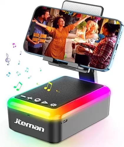 Gifts for Men Women, Cell Phone Stand with Bluetooth Speaker and Light, Portable Lanyard, Cool Tech Gifts for Dad Mom Husband, Unique Birthday Gift Ideas Black