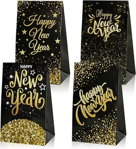 HOWAF Happy New Year Party Favor Gift Bags - Black & Gold Treat Bags for New Year 2025 Party Supplies - Set of 12