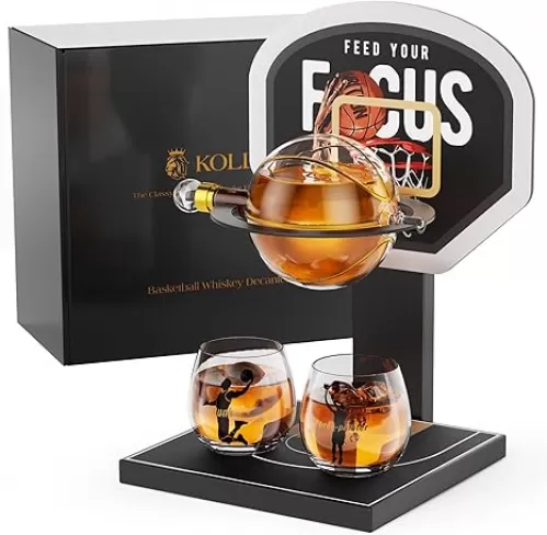Kollea Basketball Whiskey Decanter Set with Black Court Stand & 2 Glasses, Stylish Liquor Decanter Gift for Men, Dad, Brother, Husband, Sports Lover - Birthday, Anniversary, Christmas, Retirement Gift
