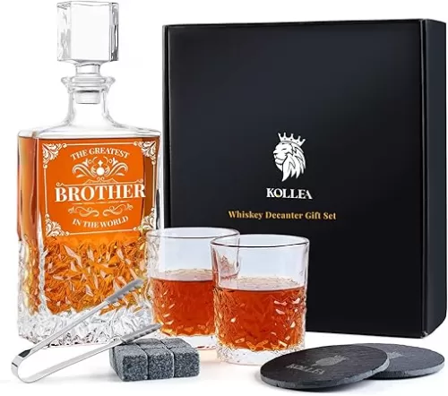 Kollea Christmas Gifts for Brother, 27 Oz Whiskey Decanter Set with 2 Glasses & Whiskey Stones, Best Brother Birthday Gifts from Sister Brother, Unique Cool Anniversary Presents Ideas for Men Him