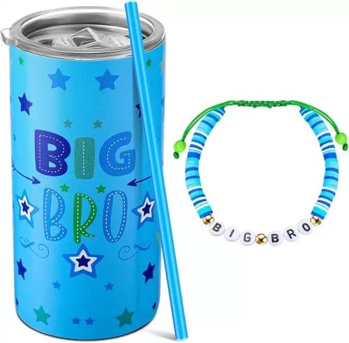 Maxcheck 2 Pcs Big Brother Gift 12 oz Big Brother Cup Stainless Steel Mug Blue Vacuum Insulated with Leak Proof Lid and Straw Bracelet for Little Boy Xmas Gifts