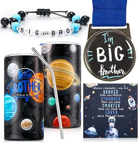 Sieral 4 Pcs Big Brother Gift Sets New Big Brother Tumbler with Straw Beaded Bracelet Medal with Lanyard Inspirational Card Baby Shower Gifts New Baby Birthday Party Favors for Little Boys(Space)