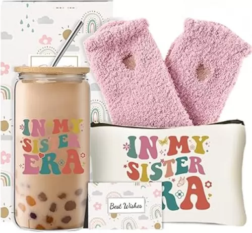 Sister Gifts for Women, Unique Birthday Presents from Sisters, Sisters Gifts Box Set with 16 Oz Glass Cup, Thank You Christmas Gift Ideas for Big Sister