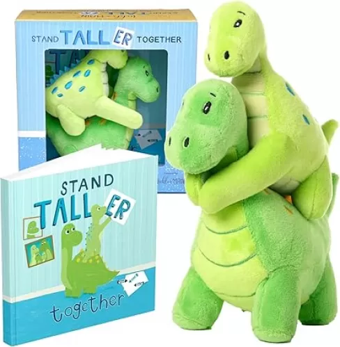 Tickle & Main Big Brother & Little Brother Dinosaur Stuffed Animal Gift Set - 3-Piece, Green - Plush Dinosaurs (7 in & 5.5 in) with Stand Taller Together Storybook - Gift for Boys